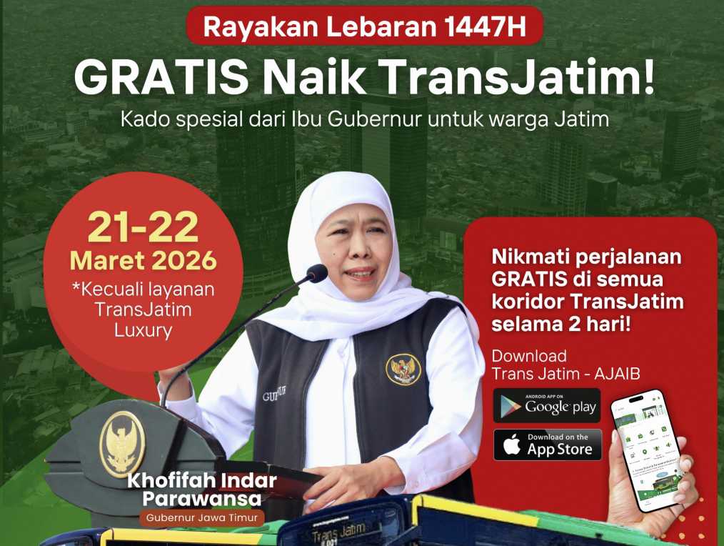 Kado Spesial Lebaran 1447 H Dari Gubernur Khofifah, Layanan Trans Jatim Gratis Selama Dua Hari