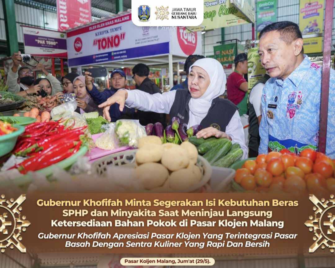 Gubernur Khofifah Turun ke Pasar Klojen, Minta Distribusi Beras SPHP dan Minyakita Diperkuat Untuk Kendalikan Inflasi