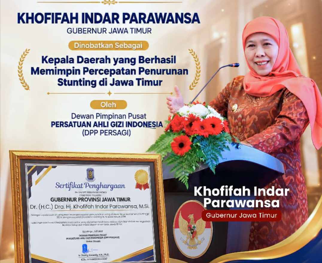 Pangkas Stunting Jatim Hingga 14,7 Persen, Gubernur Khofifah Sabet Penghargaan Tertinggi Dari Persagi